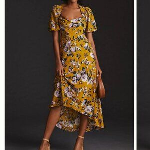 Anthropologie Maeve mustard yellow Floral Puff-Sleeve Midi Dress size 6